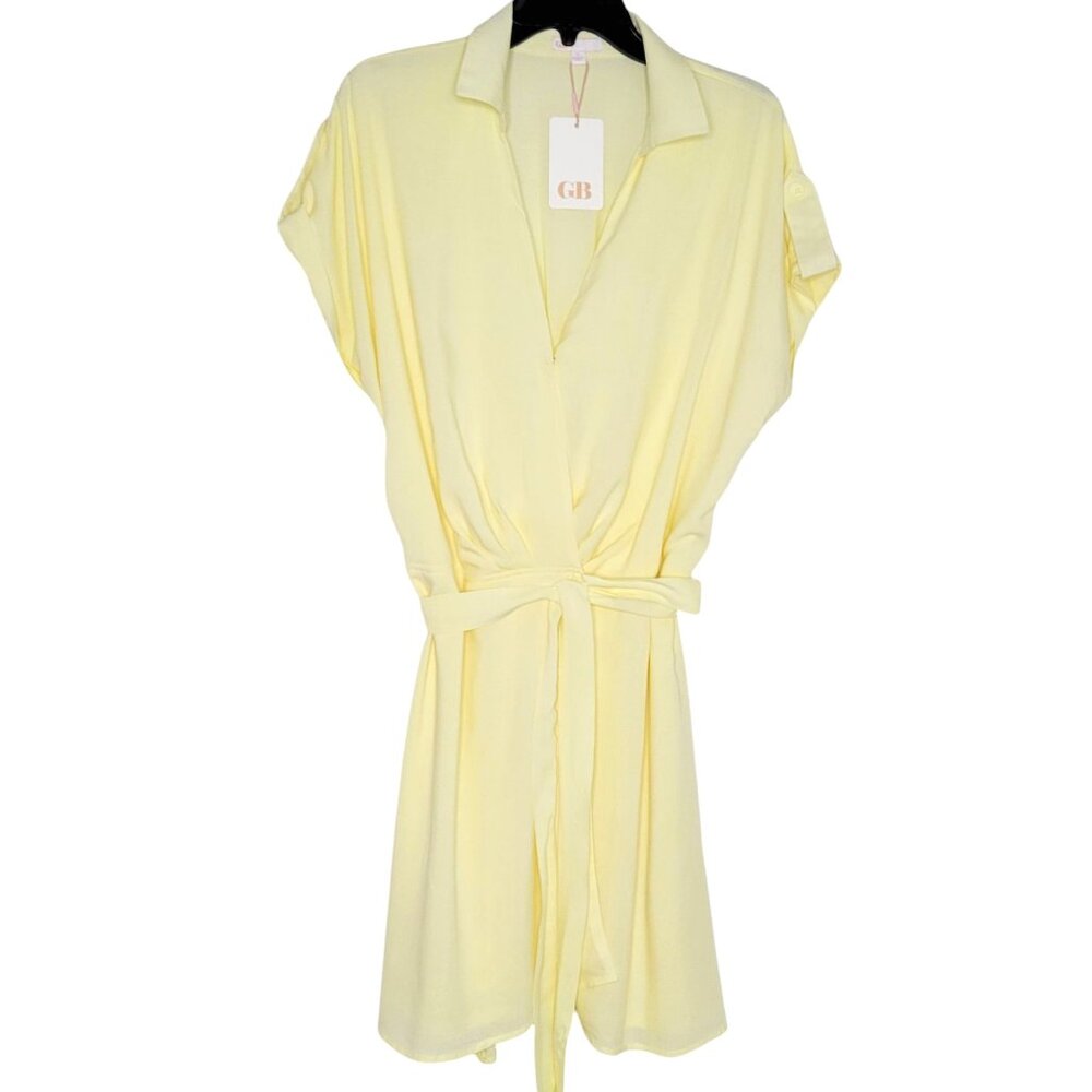 GB Tab Sleeve Wrap Yellow Dress Plus Size L Short Sleeves Lined